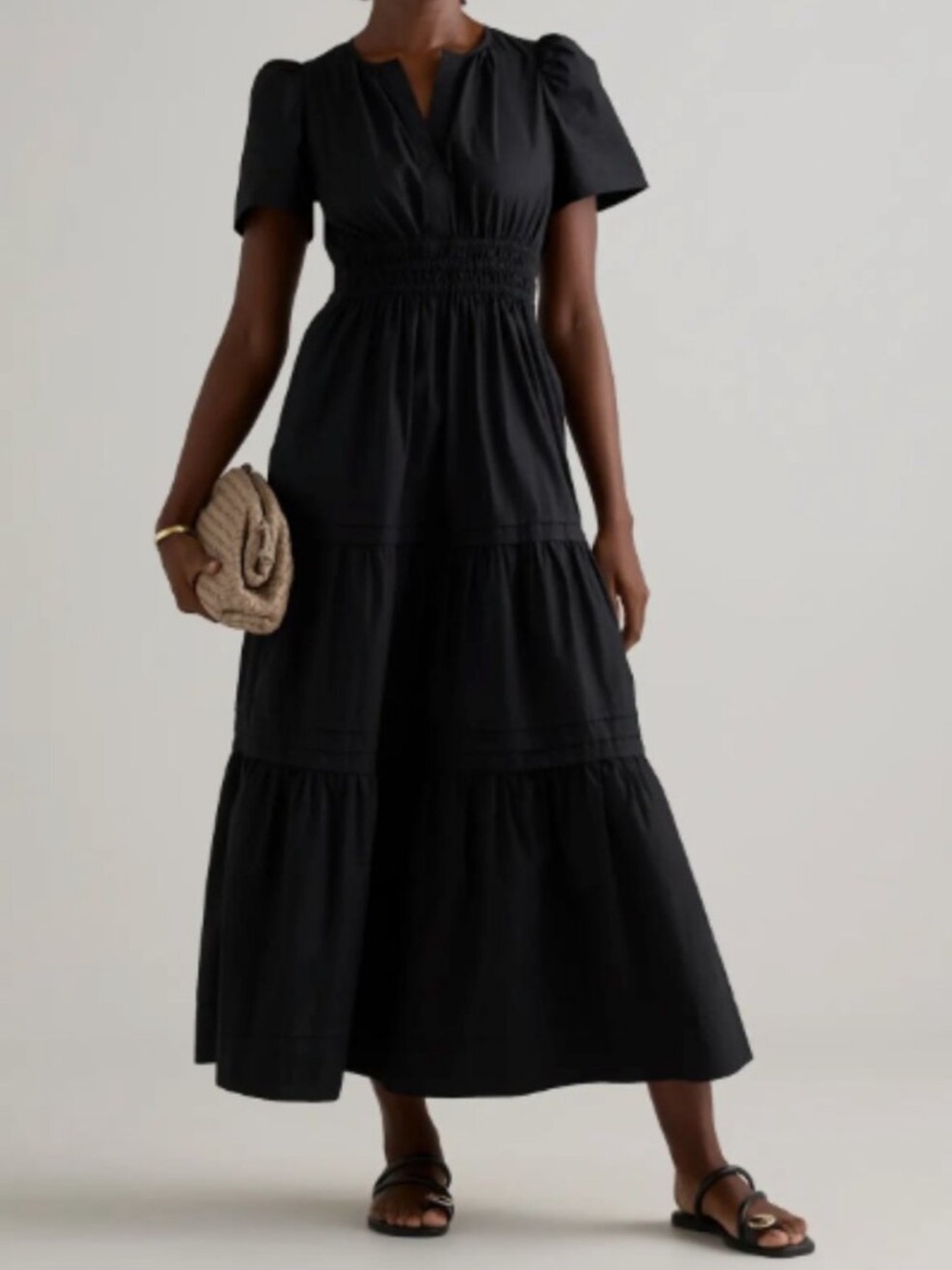 Quince Black Long Sleeve Smocked Waist Dress